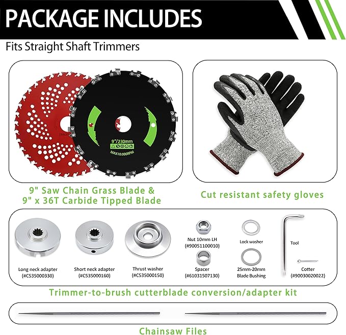 Brush Cutter Trimmer Conversion Kit with 9" x20T Carbon Steel Chainsaw Brush Cutter Blade & 9" x36T Carbide Tipped Blades, Compatible with Echo Models SRM-225, SRM-225i, SRM-266, SRM-280