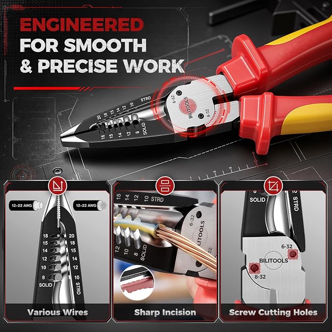 BILITOOLS High Leverage 1000V Insulated Pliers Set, Cr-Mo Electrician Tools