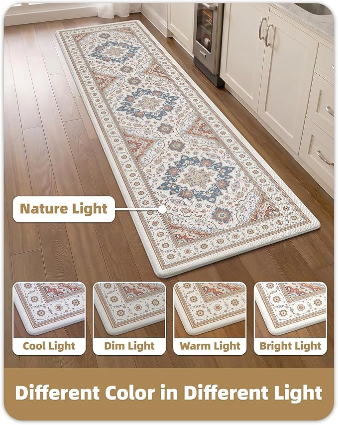 Color&Geometry Anti Fatigue Kitchen Floor Mats, Cushioned Boho Rugs,Waterproof Non Slip Kitchen Runner for Sink, Standing Mats for Office,24"x87",Oatmeal
