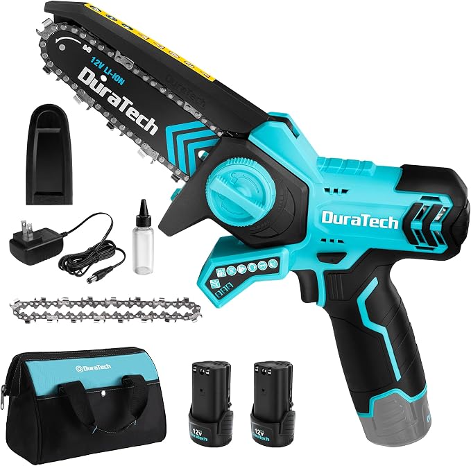 DURATECH 12V Mini Chainsaw, 6 Inch Cordless Electric Wood Cutting Saw | 2 Batteries, 2 Chains, One-Hand Operation, Portable Design, Tree Pruning, Garden Maintenance, Branch Cutting, DIY Projects
