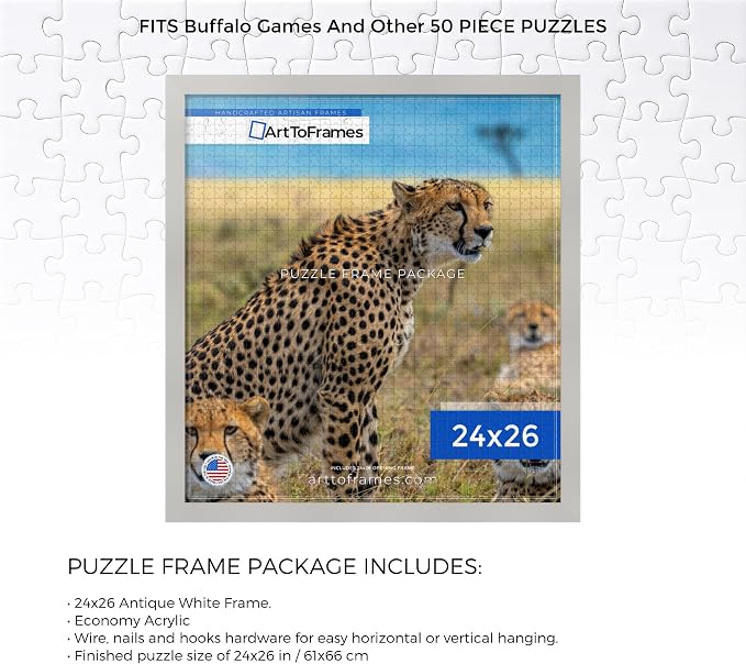 ArtToFrames Puzzle Frame for Buffalo Games 50 Piece Jigsaw Puzzles, 24x26 Inch (61x66 cm), Antique White Engineered Wood with Economy Acrylic, Ready to Hang Puzzle Display