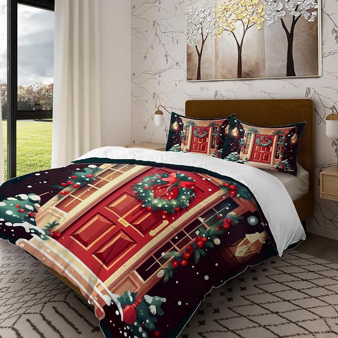 Batmerry Christmas Door King Size 100% Cotton Duvet Cover Sets, Wreath Snowflakes Bells Garland Lights Bedding Set with Zipper Closure Corner Ties, 3 Pieces (1 Cover + 2 Pillowcases No Comforter)