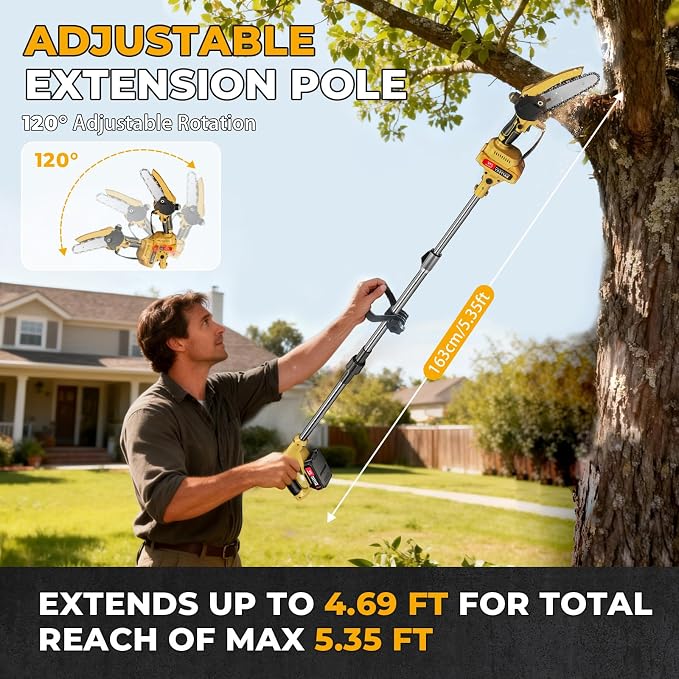 2-in-1 Cordless Pole Saw & Mini Chainsaw, 6-Inch Battery Powered Tree Trimmer with 4.4ft Extension Pole, 2 Batteries | Safe High Branch Pruning for Homeowners