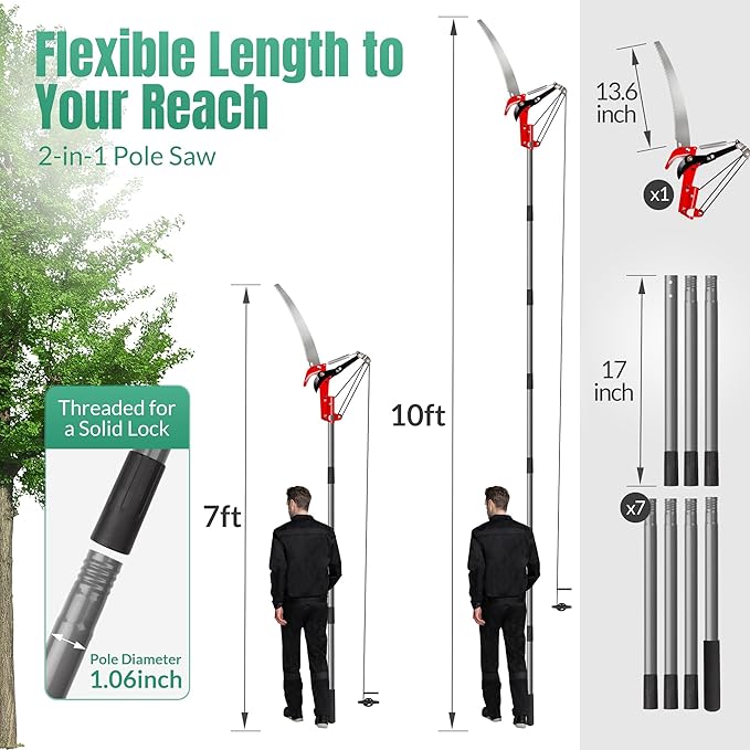 Suchtale Pole Saw 10FT, 2-in-1 Tree Pruner with Saw & Pruning Scissors, Quadruple Pulley Pole Trimmer for High Branch Cutting, Palm Tree, Fruit Tree & Shrub Pruning, Yard Garden Tree Care
