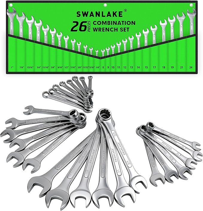 SWANLAKE GARDEN TOOLS 26-Piece Combination Wrench Set with Roll-up Pouch, SAE 1/4” - 1”, Metric 8mm - 24mm, Perfect for General Household, Garage, Auto Repairs and Travel Emergency