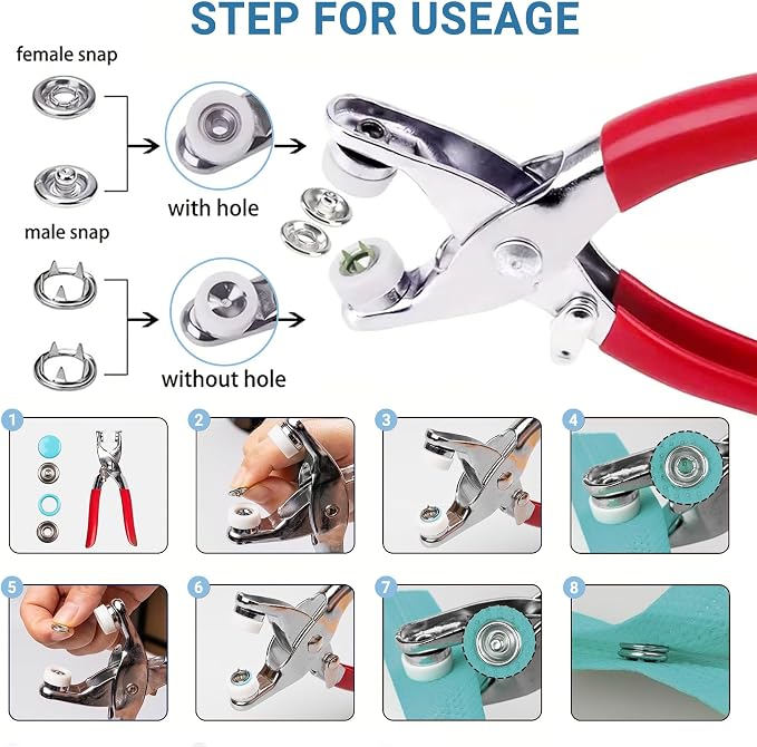 300 Sets Metal Snap Buttons with Fastener Pliers Press Tool Kit, 10 Colors Solid Sewing Snaps for Fabric,Prong Snap Button Kits for DIY Crafting Clothing Sewing (9.5mm / 1200 PCS)