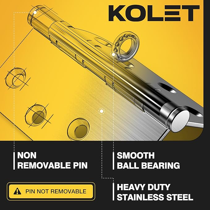 KOLET Ball Bearing Door Hinges, 4 x 4 Inches Exterior Door Hinges, 5/8'' Radius Corner Hinges, Heavy Duty Stainless Steel, Smooth and Quiet, Non Removable Pin, Brushed Nickel, 12 Pack