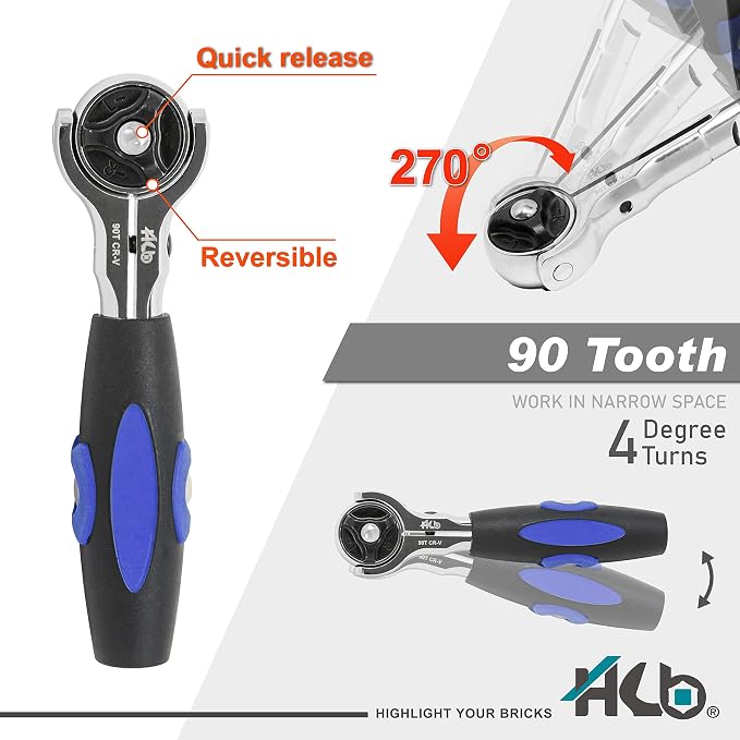 HB 49-Piece 1/4" Drive Socket & Bit Set, 90-Tooth Swivel Head Ratchet Kit