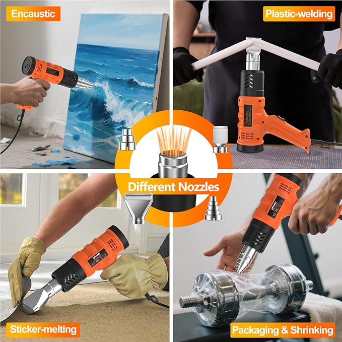 Heat Gun 1850W 1.5s Fast Heat Heavy Duty Hot Air Gun Good Temp Control 122℉-1112℉(50-600℃）Overheat Protection 2 Speed with 4 Nozzles for DIY Craft Shrink PVC Tubing Vinyl Wrap Stripping Paint Resin