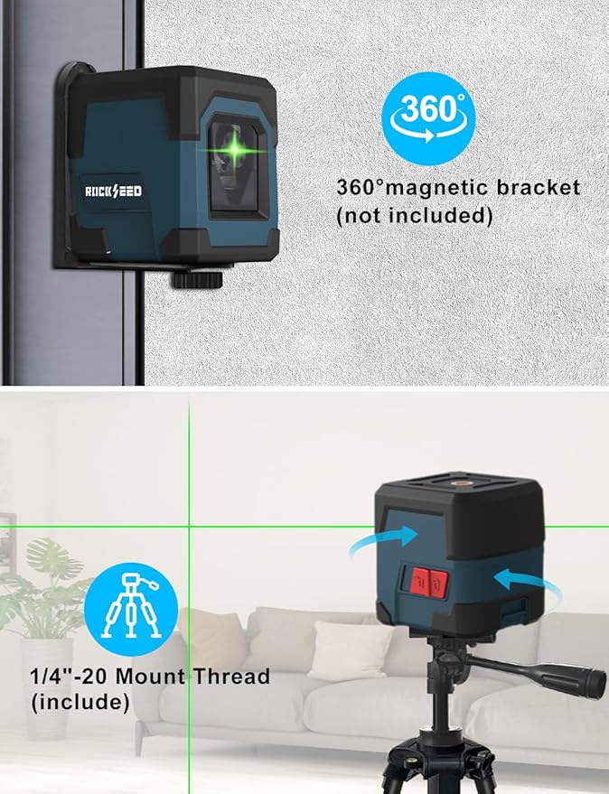 Laser Level, RockSeed Cross Line Laser with Self-Leveling, Vertical and Horizontal Line, Rotatable 360 Degree, Carrying Pouch, Battery Included (Green Laser, 2-Line with 47in Tripod)