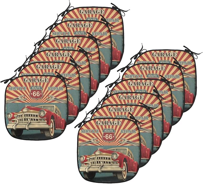 Lunarable Americana Chair Cushion Pads Set 12, Vintage Garage Artwork with a Nostalgic Car Illustration Retro Vibes Route 66 Print, Anti-Slip Seat Padding for Kitchen & Patio, 16"x16", Teal