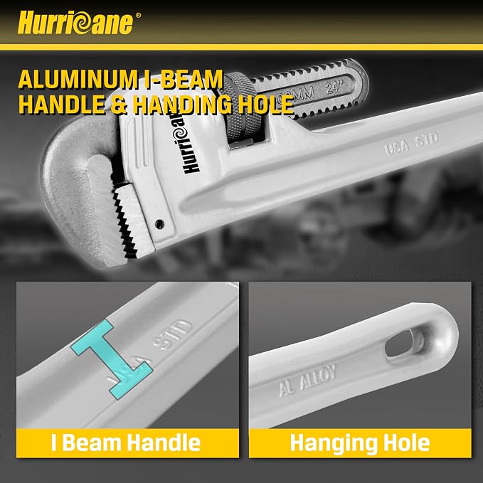 HURRICANE Aluminum Pipe Wrench, 24 Inch | Heavy Duty, Adjustable Plumbing Wrench, Straight Handle, 40% Lighter Weight