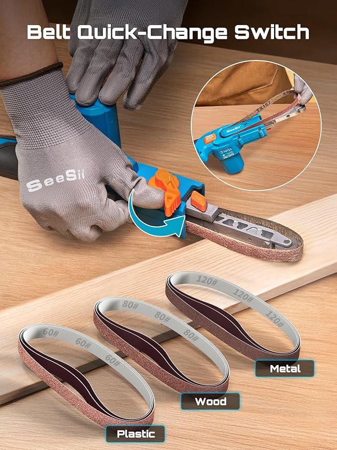 Seesii Belt Sander 1/2" x 18", 6 Speeds Max 1700 FT/Min, with 2 * 2.0Ah Battery, Charger, Hand Held Belt Sander for Metal Working, Wood, Plastic, Auto Grinding