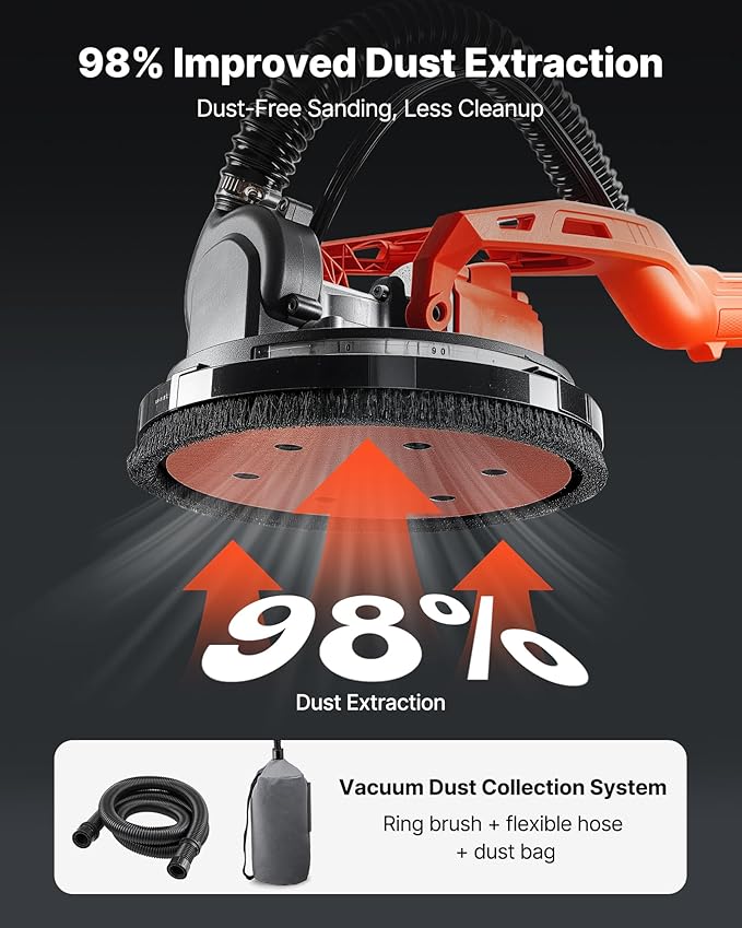 VEVOR Drywall Sander, 450W Cordless Electric Sander, Popcorn Ceiling Removal Tool with Vacuum Dust Collection, 7 Variable Speed 0-1600 RPM, LED Light, Foldable & Extendable Handle, 15 Sanding Discs