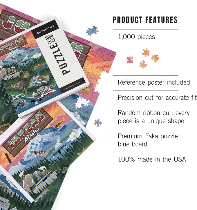 Lantern Press Juneau, Alaska, Retro Scenes 1000 Piece Jigsaw Puzzle for Adults, Made in USA with Reference Poster