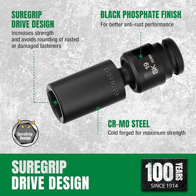 SK 3/8" Drive Universal Impact Socket Set, Deep Swivel Impact sockets | Metric 10-Piece, 10, 11, 12, 13, 14, 15, 16, 17, 18 and 19 mm, Premium CR-MO Steel, SureGrip 6 Point, With Storage Rail