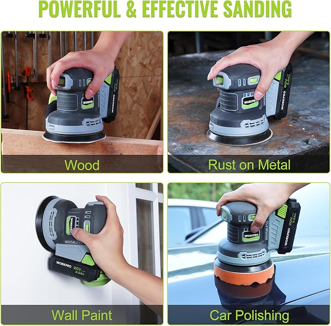 WORKPRO 5-Inch Cordless Random Orbital Sander, 20V Brushless Electric Orbit Sander, 6 Variable Speeds 6000-12000 RPM, Palm Sander with Battery, Dust Collector, 15 PCS Sanding Discs for Woodworking