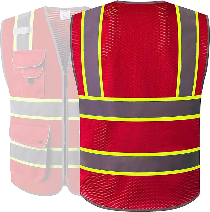 JKSafety 9 Pockets Hi-Vis Neon Red Zipper Front MESH Safety Vest with Fluorescent Yellow Extend Edge outlining the Reflective Tapes Meet ANSI/ISEA Class 2 Standard (100-Red, 4X-Large)