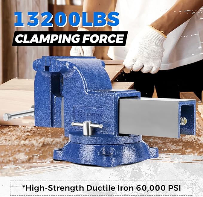 6" Heavy-Duty Bench Vise 13200LBS Stronger Clamping Force Ductile Iron Bench Vise 6 Inch 360° Swivel Bench Vice with Anvil Blue, Include Mini Bench Vice Clamp
