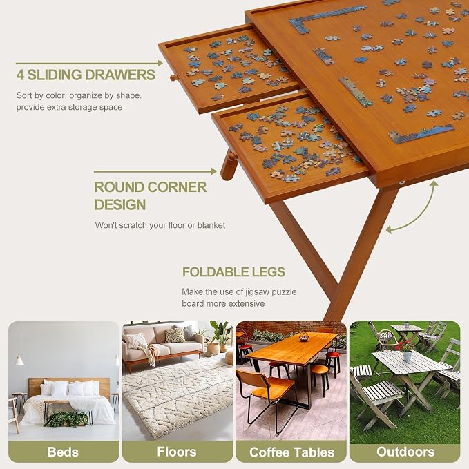 TEAKMAMA 1500Pcs Jigsaw Puzzle Table with 4 Drawers for Adults,Red Brown | Wooden Jigsaw Foldable Puzzle Board with legs,with Protective Cover,Multifunctional Game Table,34W x 26.3D
