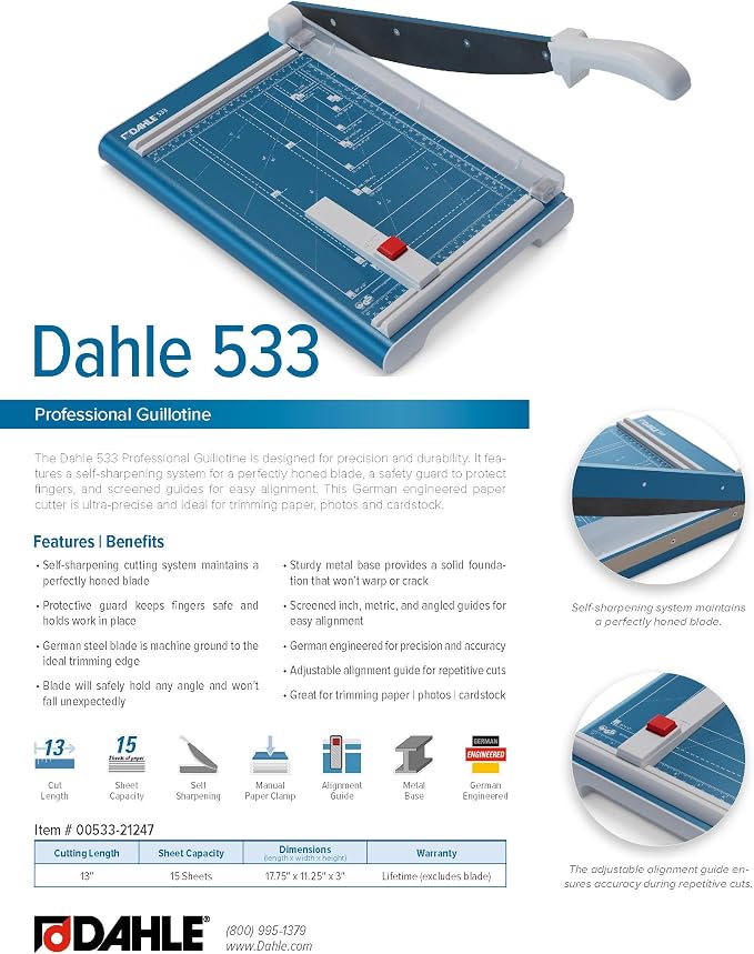 Dahle 533 Professional Guillotine Trimmer, 13" Cut Length, 15 Sheet Capacity, Self-Sharpening, Manual Clamp, German Engineered Paper Cutter