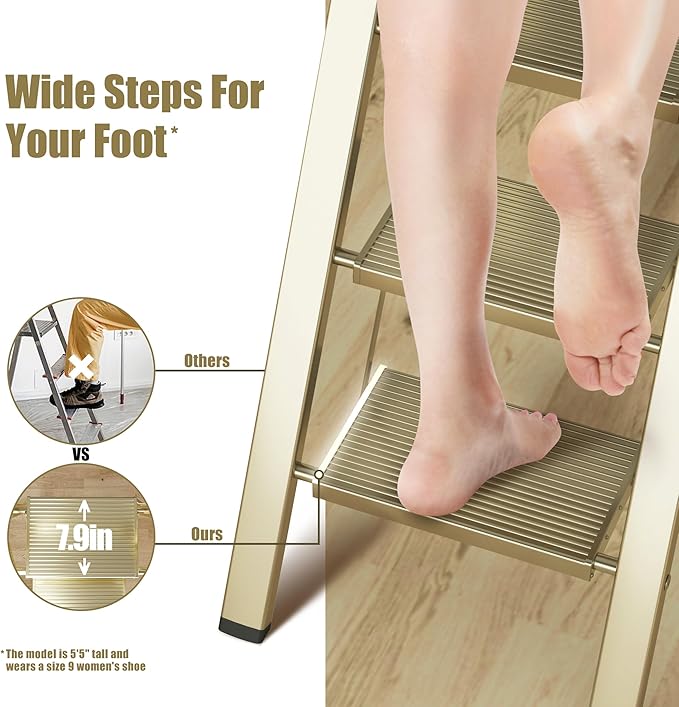 SOLADDER 6 Step Ladder, Folding Step Stool with Handgrip and Anti-Slip Wide Pedal, Portable Lightweight Aluminum Stepladder for Kitchen, Home, Library, Office (300 lbs Capacity) - Gold