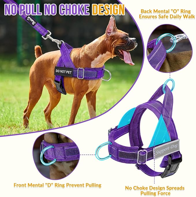 SlowTon No Pull Dog Harness with Front Clip - Heavy Duty, Soft Padded | Neck & Chest Adjustable, Tactical Pet Vest and Leash Set for Large Medium Sized Dogs, for Easy Walk & Training, Purple S