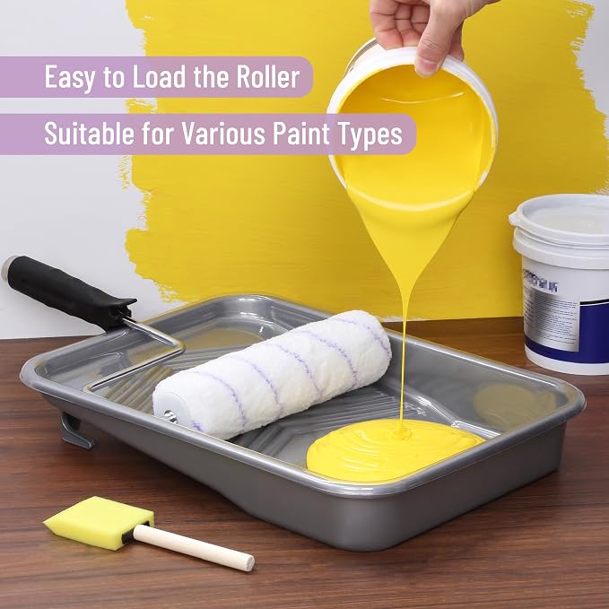 Bates- Paint Tray Set, 9 Inch, 62 pcs, 1x 9 Inch Paint Tray Liners, 60x Disposable Plastic Liners & 1x Roller Frame
