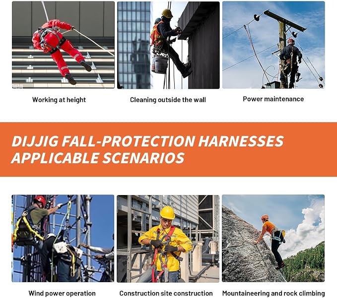 DIJJIG Full Body Safety Harness Kit OSHA/ANSI Compliant for Roofing | Includes internal shock-absorbing lanyard, orange harness for construction, durable and ready for fall protection