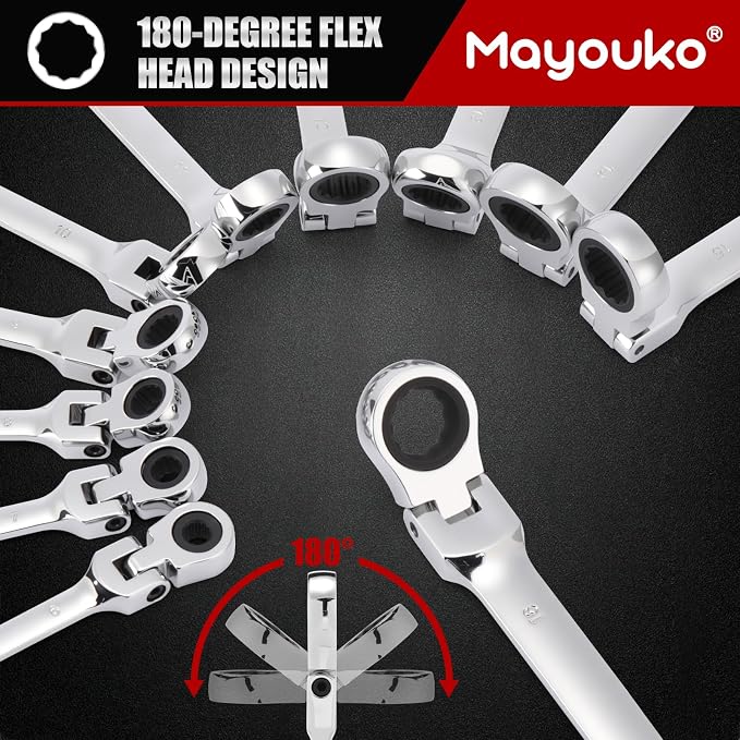 Mayouko 16-Piece Flex-Head Ratcheting Combination Wrench Set, Metric 6-22mm, 72-Teeth, CR-V Steel, With Rolling Pouch