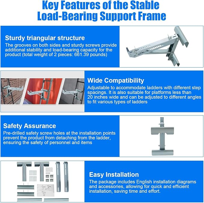Ladder Jacks, 2 Pieces 661.39 LBS Scaffolding Platform, Sturdy High-Strength Ladder Jack, Ladder Jack for Working Stage, Load-Bearing Brackets for Ladders, Silver