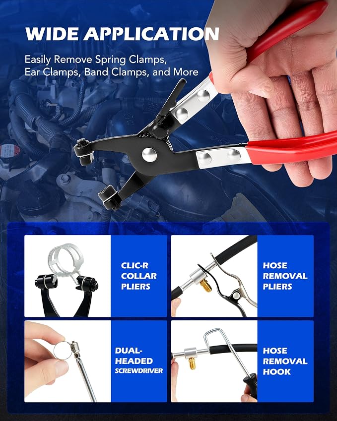 OMT Hose Clamp Pliers, Long Reach Wire Spring Remover For Radiator & Heater | Fits 11/16" To 2-1/2" Plastic & Metal Clamps, Hands-Free Locking Mechanism, Clic-R & Flat Band Pliers, Screwdriver & Hook