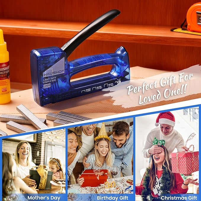 HAUSHOF Light Duty Staple Gun, Upholstery Staple Gun with 800PCS JT21 Staples and Stapler Remover, Fits JT21 Staple of 1/4'', 5/16'' & 3/8'', Used for Wood, Classroom, Crafts, DIY (Blue Transparent)