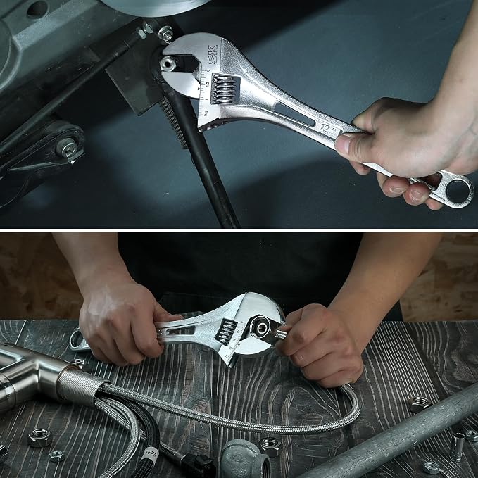 SK 12-Inch Adjustable Wrench, 1-9/16" Jaw Capacity, SAE&Metric Scales | X-Frame Handle, Precision Jaw, Heat Treated CR-V Steel, Chrome-Plated Rust Resistant Finish