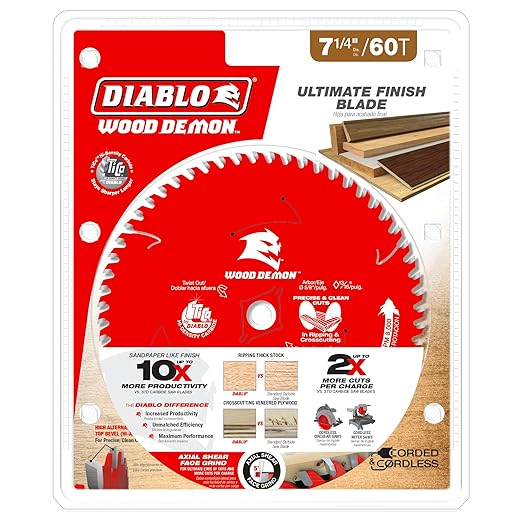 Diablo Wood Demon Ultimate Finish Carbide Circular Saw Blade - Ideal for Professional Use and DIYers - 7-1/4" Diameter, 60 Hi-ATB Teeth, 8,000 Max RPM - D0760UX