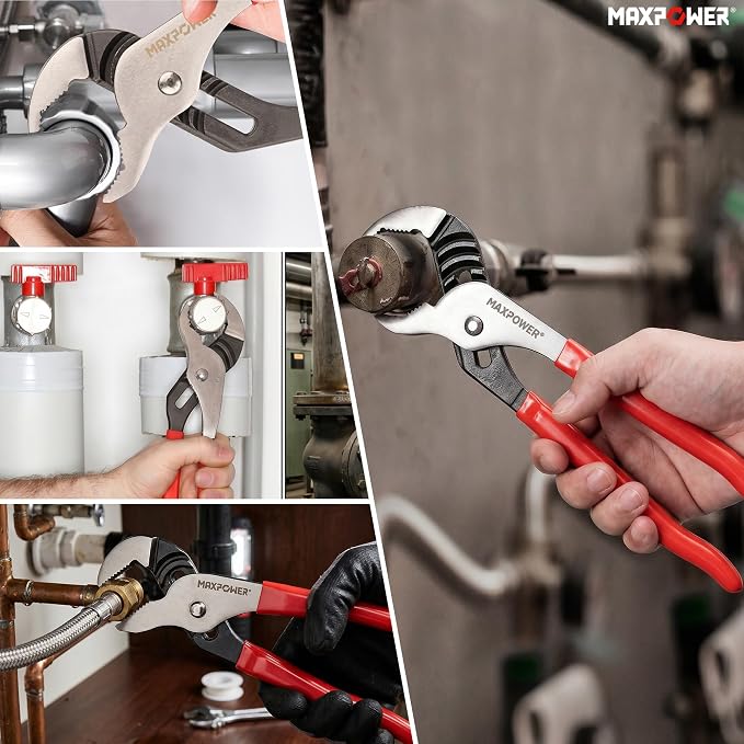 MAXPOWER 8" 10" 12" Groove Joint Pliers, Jaw Opening 1-1/16", 2", 2-3/8" | 3-Piece Tongue & Groove Pliers Set, Fast Adjustment, Non-Slip Grip, Ideal for Plumbing, Automotive, and DIY