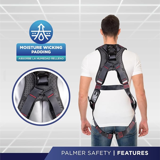 Full Body Harness with 5 Point Adjustment, Dorsal D-ring, Grommet Legs, Two Side D Rings, and Fall Indicators