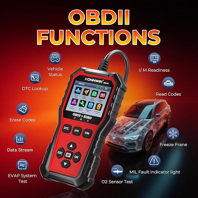 KONNWEI KW340 OBD2 Scanner Car Engine Fault Code Reader 2.8'' Color Screen Automotive Diagnostic Scan Tool with Battery Test, I/M Readiness, One‑Click DTC/VIN for All OBDII EOBD Vehicles 1996+