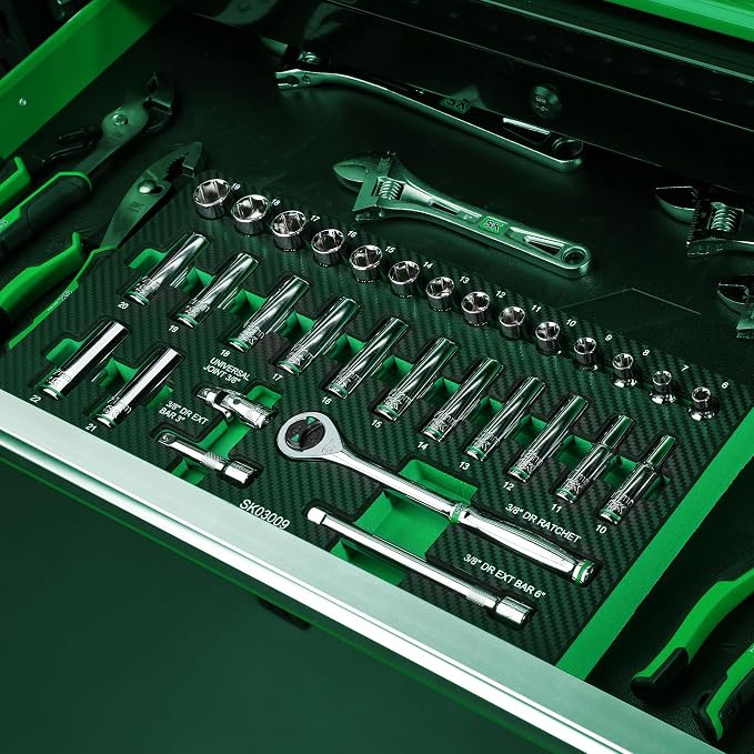 SK 3/8" Drive Socket Set with 160-P Ratchet, Metric, CR-V Steel | 31-Piece Sockets, SuperKrome Finish, Heat Treated, with EVA Foam Tool Organizer