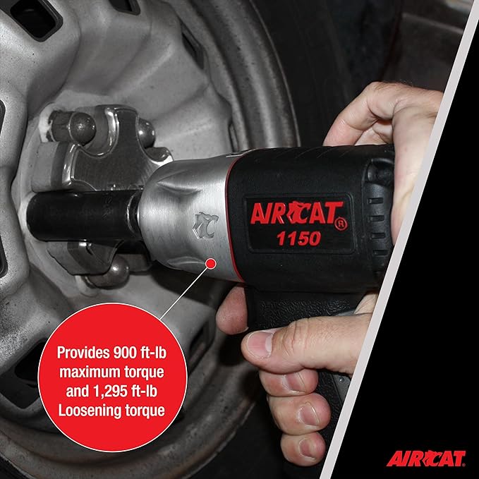 AIRCAT 1150 1/2" Composite Impact Wrench, 900 ft-lb Max Torque | Powerful Automotive Impact Wrench, Twin Hammer Mechanism, Quiet Operation, 295 ft-lb Loosening Torque, 89 dBA, Ergonomic Grip