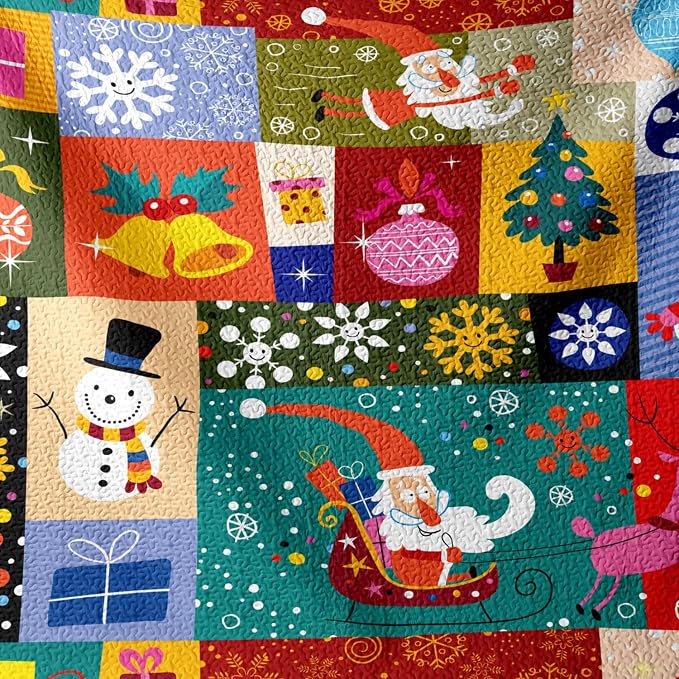 Merry Christmas Patchwork Green Quilt Set Queen - Santa Claus Gift Snowman Checkered Printed Holiday Bedding Set - Soft Microfiber Lightweight Comforter Coverlet Bedspread(Gift, Queen(90"x90"))