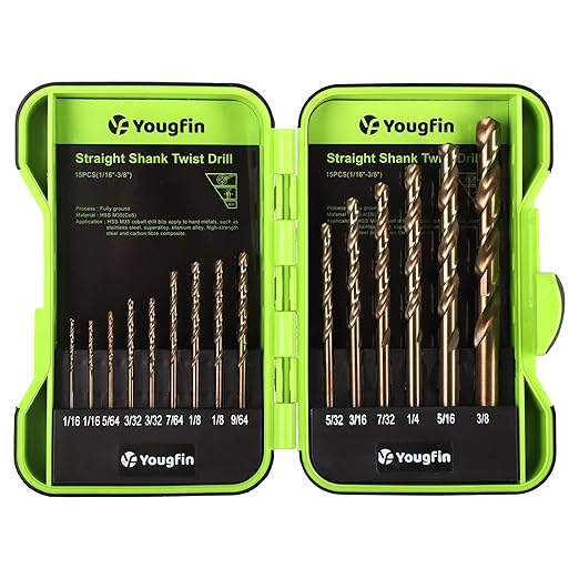 Cobalt Drill Bits, M35 HSS Drill Bit Set 15 Pcs, 135° Tip Twist Jobber Length Kit for Metal,Cast Iron,Stainless Steel,Plastic and Wood with Indexed Storage Case (1/16"-3/8")