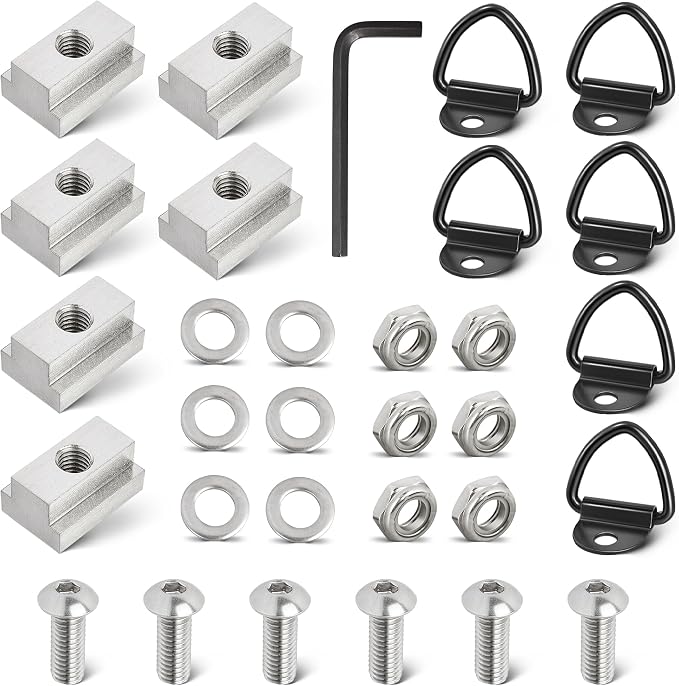 RED WOLF 3/8"-16 Thread T-Slot Nut Tie Down V-Ring Anchor w/1 Inch Button Head Socket Cap Screw Bolt Nut Washer for Toyota Tacoma Tundra Pickup Cargo Bolt Bed Deck Rail Cleat Included Wrench (6 Pack)