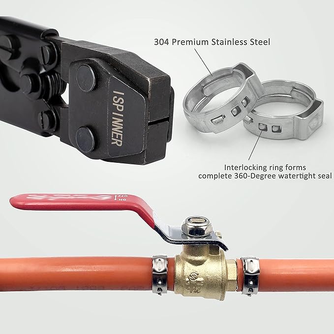 ISPINNER PEX Crimping Tool, Clamp Cinch Crimp Tool Crimper for Stainless Steel PEX Clamps from 3/8" to 1", with 40pcs PEX Crimp Rings 3/8" 1/2" 3/4" 1"