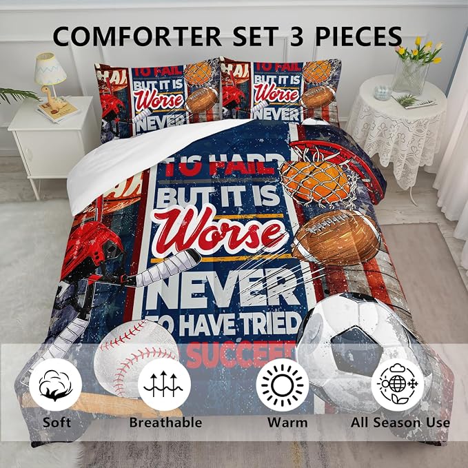 Axolotl Sports Comforter Set King Size,Ball Sports Theme Comforter Set,Football Baseball Sport Bedding,Rugby Sport Quilt,3D Soccer Basketball Bedding for Kids Boys Teens,1 Quilt 2 Pillowcases