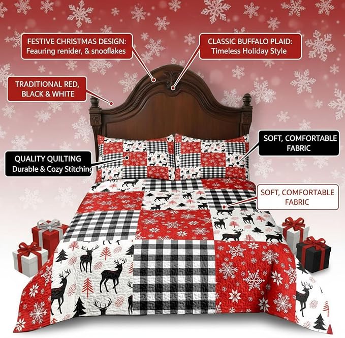 Merry Christmas Patchwork Quilt Set King - Deer Tree Red Snowflakes Checkered Printed Holiday Bedding Set - Soft Microfiber Lightweight Comforter Coverlet Bedspread(Deer Checkered, King(90"x104"))
