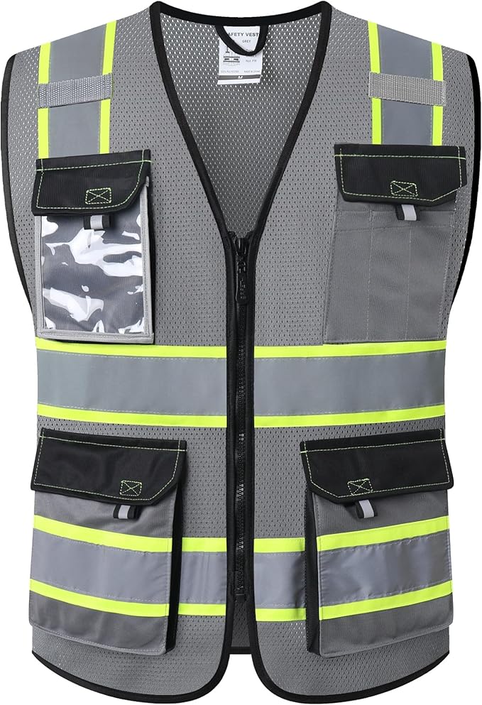 JKSafety Hi Vis Reflective Safety Vests for Men Women High Visibility Vest with Pockets Mesh Fabric Construction Safety Apparel Neon Vest for Work (220-Grey XL)