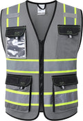 JKSafety Hi Vis Reflective Safety Vests for Men Women High Visibility Vest with Pockets Mesh Fabric Construction Safety Apparel Neon Vest for Work (220-Grey XL)
