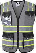 JKSafety Hi Vis Reflective Safety Vests for Men Women High Visibility Vest with Pockets Mesh Fabric Construction Safety Apparel Neon Vest for Work (220-Grey M)