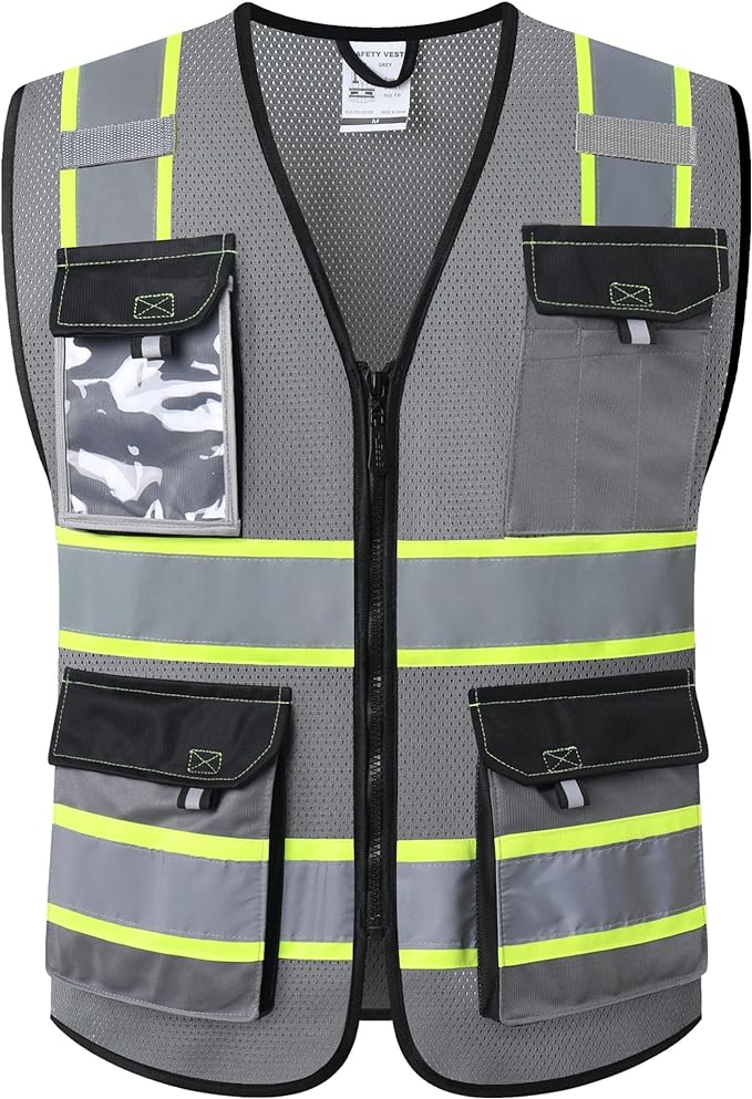 JKSafety Hi Vis Reflective Safety Vests for Men Women High Visibility Vest with Pockets Mesh Fabric Construction Safety Apparel Neon Vest for Work (220-Grey 3XL)